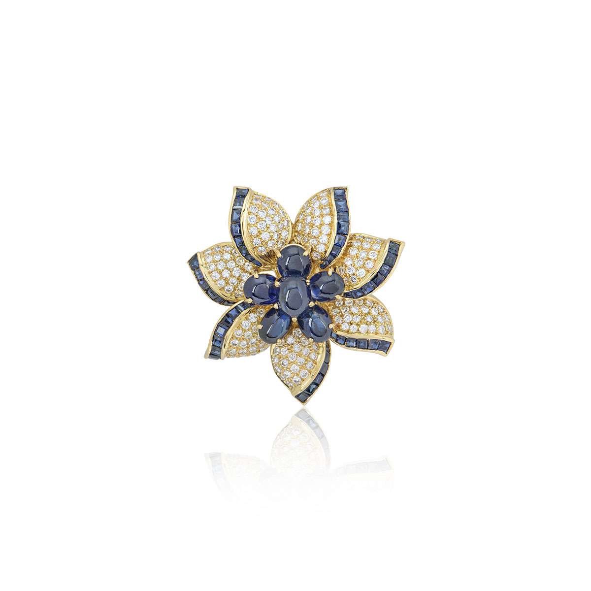 Yellow Gold Diamond and Sapphire Flower Brooch